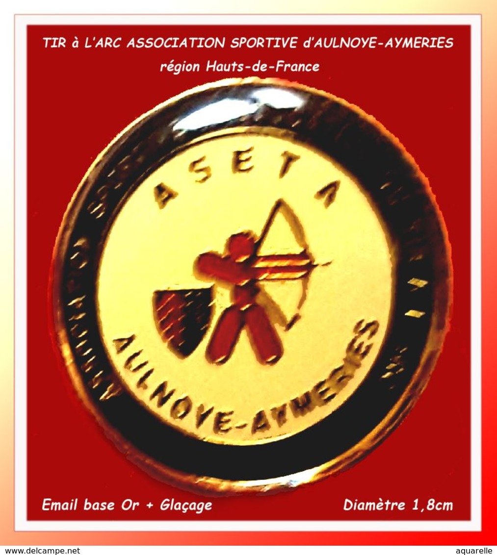 SUPER PIN'S TIR A L'ARC :"Association Sportive " De TIR A L'ARC D'AUNOYE-AYMERIE (Hauts De France) ASETA émail Vernis Or - Archery