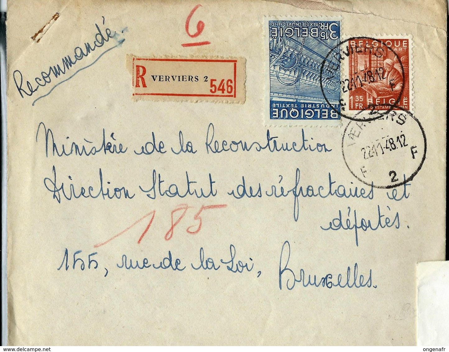 Doc. De VERVIERS - F 2 F - Du 22/11/48 (exportations) En Rec. - Poste Rurale