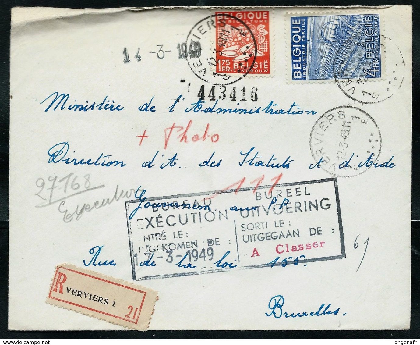 Doc. De VERVIERS - 1 E - Du 12/03/49 (exportations) En Rec. - Poste Rurale