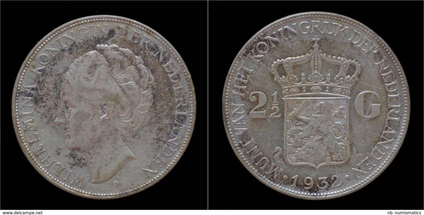 Netherlands Wilhelmina I 2 1/2 Gulden(rijksdaalder)1932 - 2 1/2 Florín Holandés (Gulden)