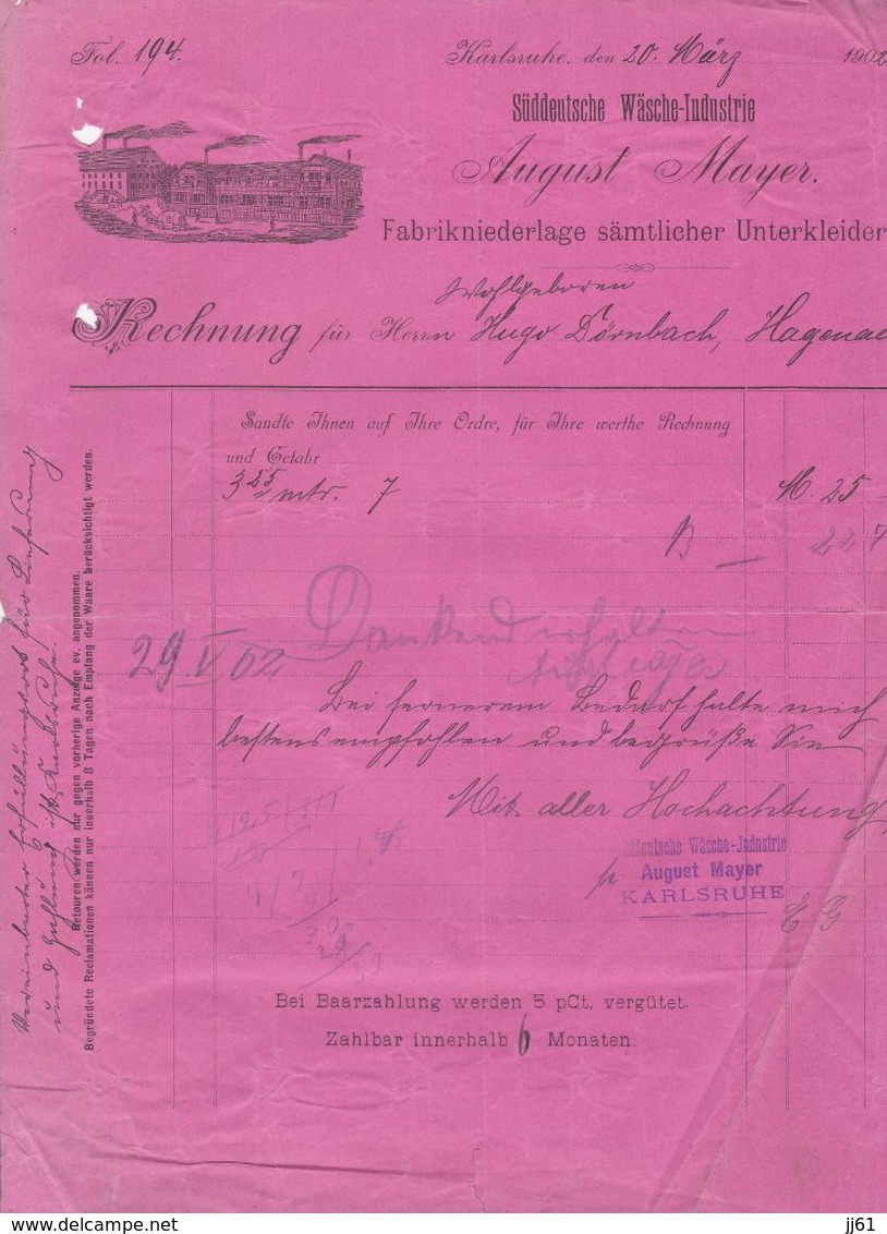 KARLSRUHE AUGUST MAYER SUDDEUTSHE WASCHE INDUSTRIE FABRIKNIEDERLAGE SAMTLICHER UNTERKLEIDER ANNEE 1902 PLIS - Autres & Non Classés