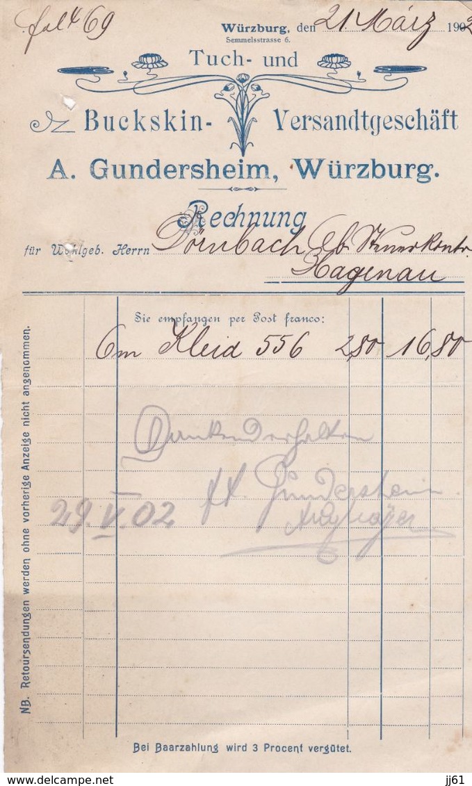 WURZBURG A GUNDERSHEIM TUCH UND BUCKSKIN VERSANDTGESCHAFT ANNEE 1902  A MR DERNBACH HAGUENAU - Altri & Non Classificati