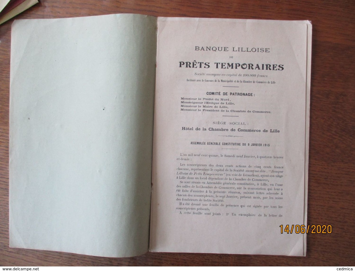 BANQUE LILLOISE DE PRÊTS TEMPORAIRES HÔTEL DE LA CHAMBRE DE COMMERCE STATUTS DU 4 JANVIER 1915 COMITE DE PATRONNAGE - Historical Documents