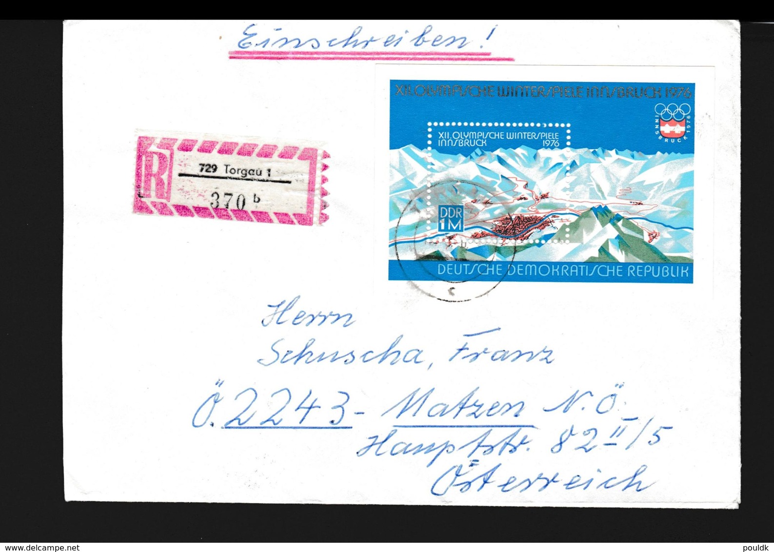 DDR Registered Cover Franked W/ 1976 Olympic Games Innsbruck Souvenir Sheet Posted Torgau  (DD15-47) - Winter 1976: Innsbruck