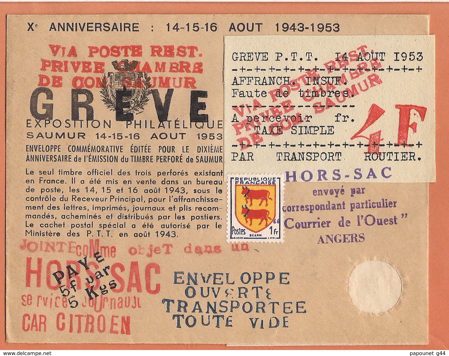 Lettre Grève De Saumur 1953 ( Par Avion Et Voiture Militaire ) ( Hors - Sac ) - Other & Unclassified