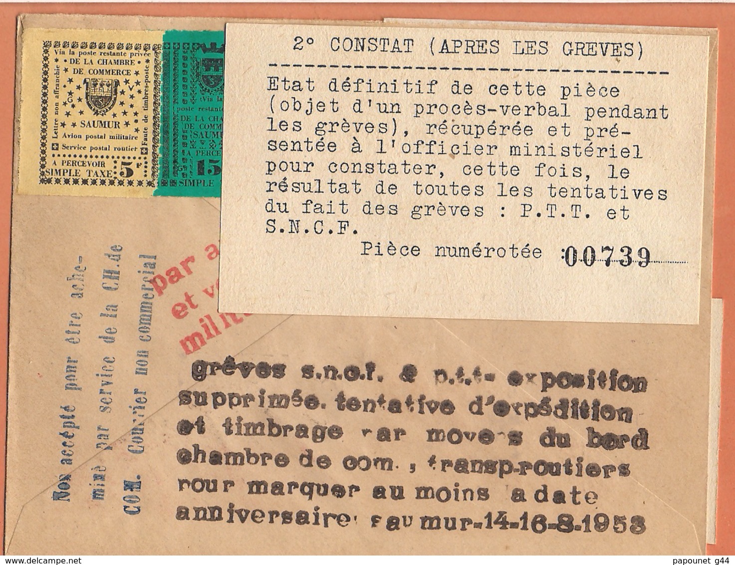 Lettre Grève De Saumur 1953 ( Par Avion Et Voiture Militaire ) ( Hors - Sac ) - Other & Unclassified