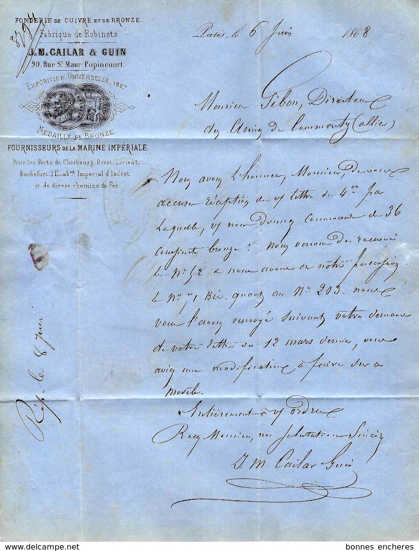 1868 PARIS INDUSTRIE J.M. CAILAR ET GUIN FONDERIE DE CUIVRE & BRONZE Pour Usines De Commentry Allier B.E. - 1800 – 1899