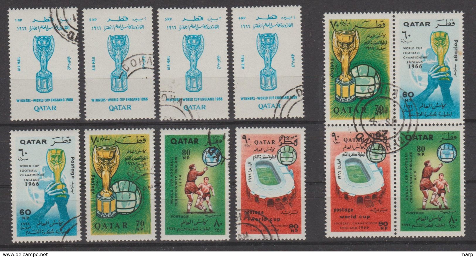 QATAR 1966  Football Stamps Single Perforated With Cancel Mnh On The Back.Also Block Of 4 But Small Brown Spot On Blue. - Qatar