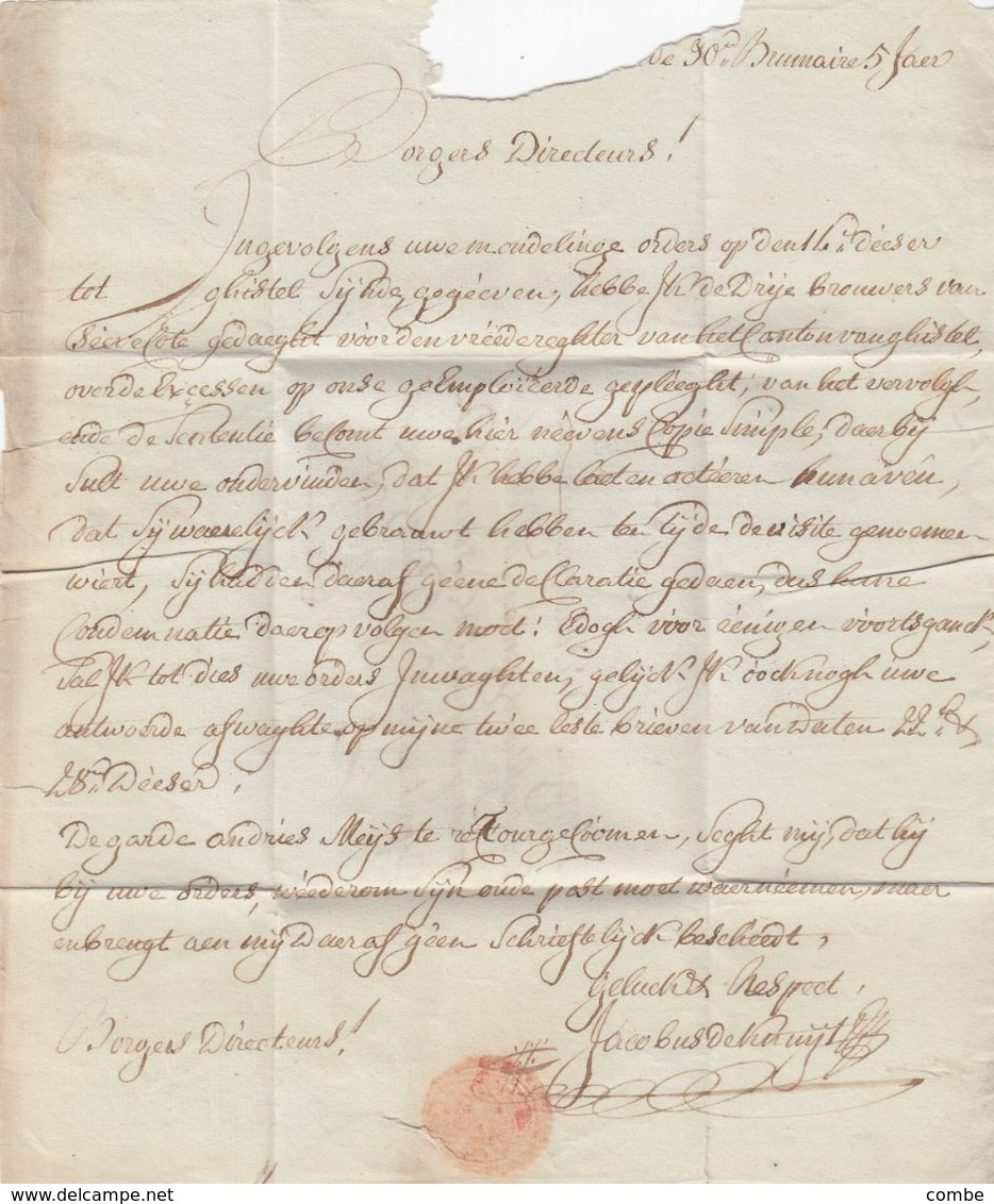 TERRITOIRE CONQUIS. LA LYS. 91 / OSTENDE. 30 BRUMAIRE AN 5 POUR CHELIES DE SEYE. TAXE 3. TEXTE EN NEERLANDAIS - 1801-1848: Precursors XIX