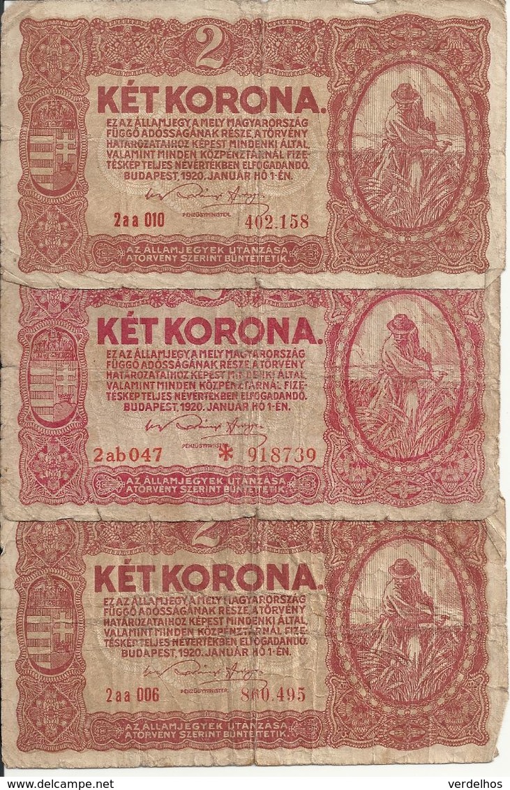 HONGRIE 2 KORONA 1920 VG+ P 58 ( 3 Billets ) - Hungría