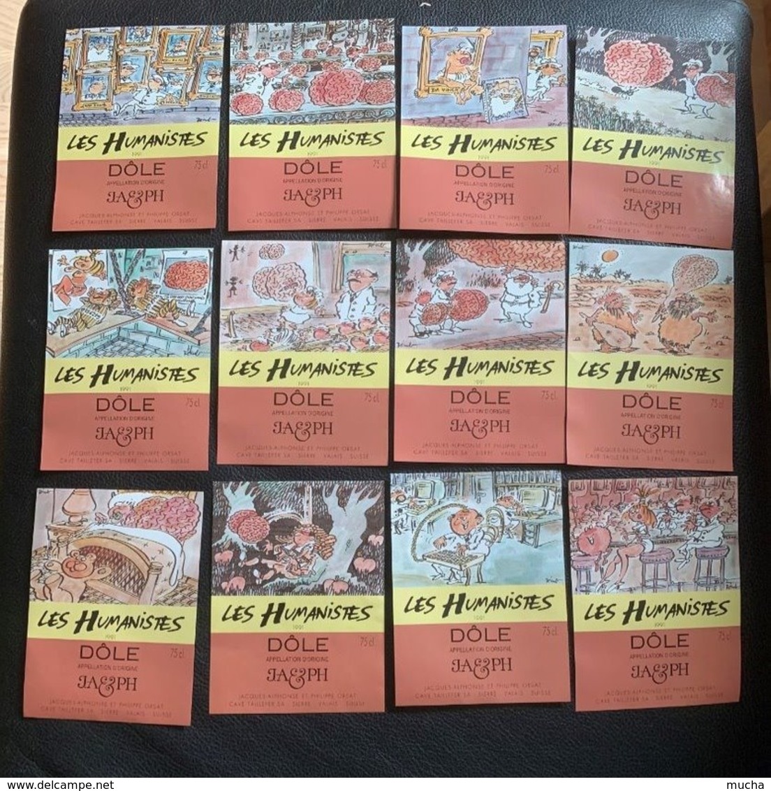 15071 - Les Humanistes 1991 L'Intelligence Dôle Série Complète 24 étiquettes Illustration Pécub - Humour