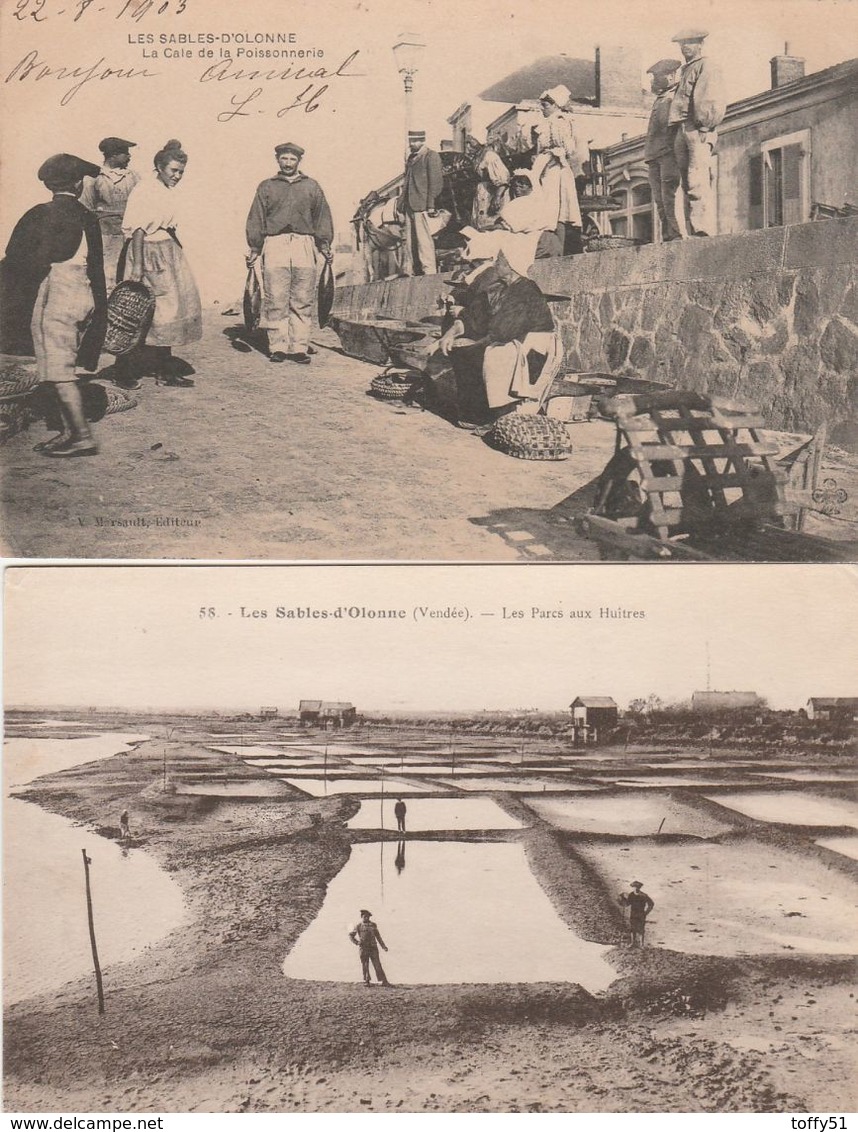 2 CPA:LES SABLES D'OLONNE (85) CALE DE LA POISSONNERIE ANIMÉE,PERSONNES AU PARC HUÎTRES..ÉCRITES - Sables D'Olonne