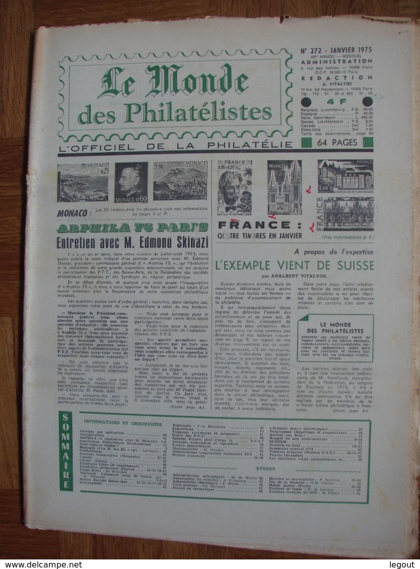 LE MONDE DES PHILATELISTES N°272 JANVIER 1975 - Français (àpd. 1941)