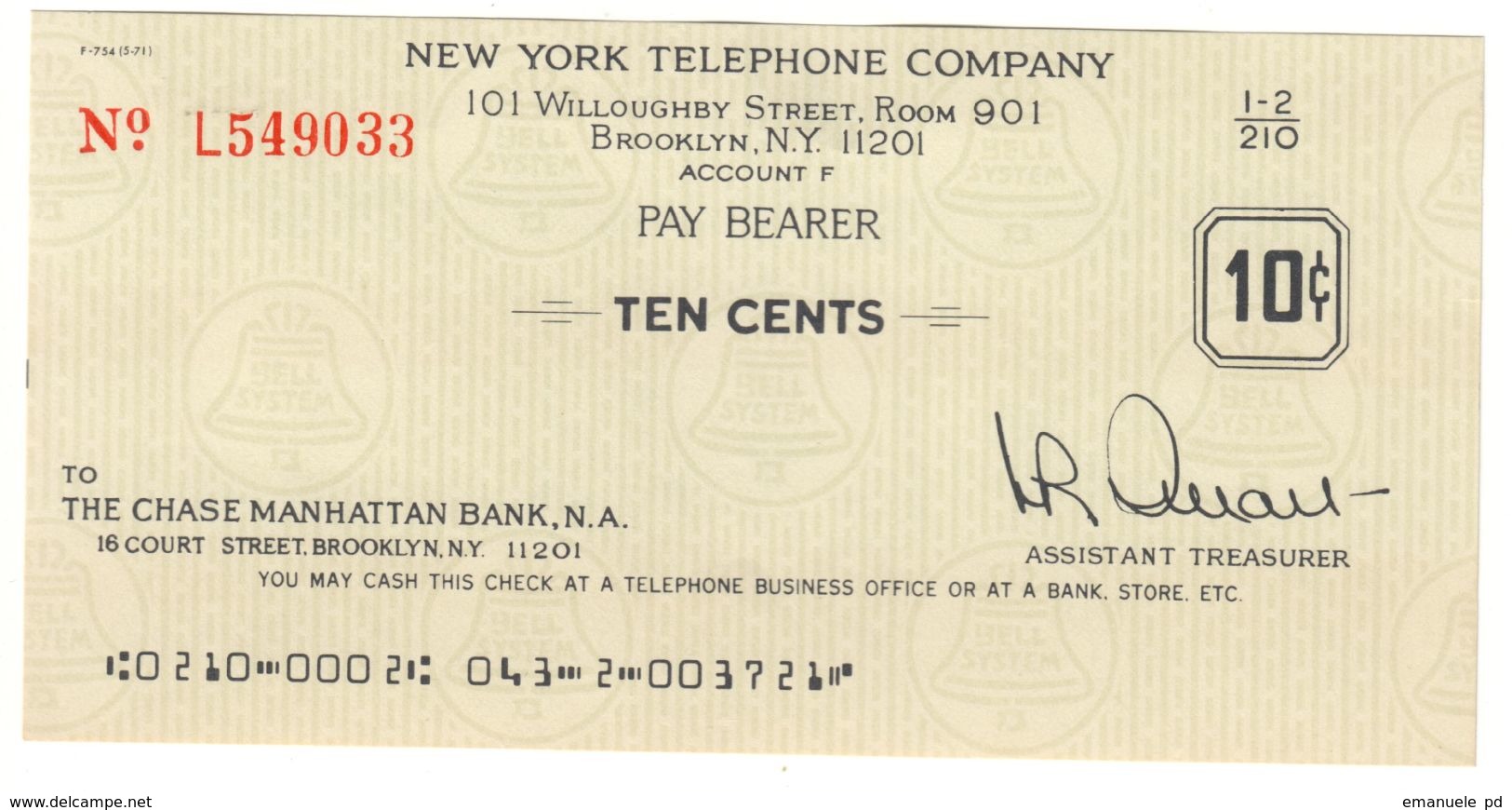 USA New York Telephone Company 10 Cents UNC - Other & Unclassified