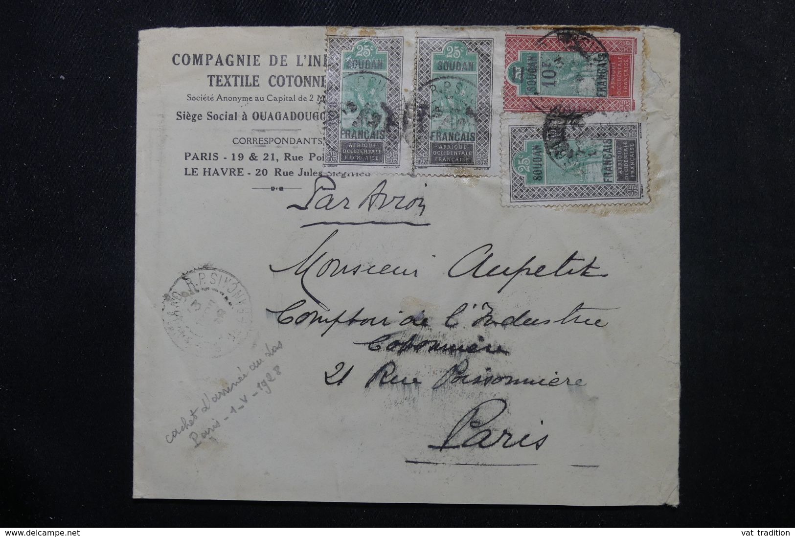 SOUDAN - Enveloppe Commerciale De Bamako Pour Paris En 1928 Par Avion, Affranchissement Plaisant  Surchargés - L 63069 - Cartas & Documentos