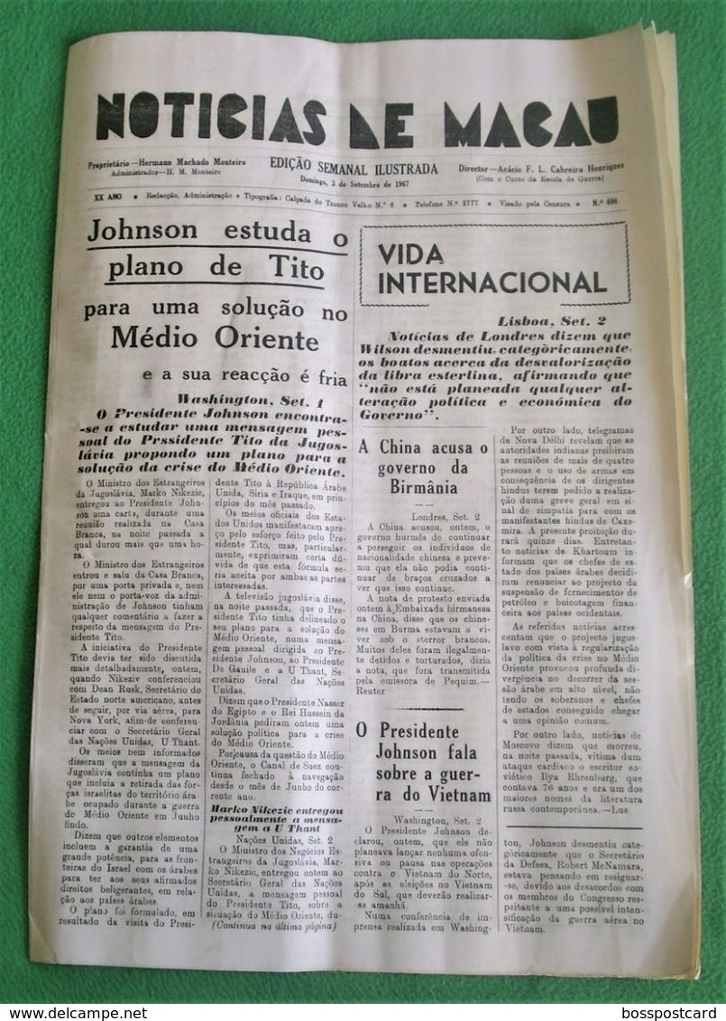 Macau - Jornal Notícias De Macau Nº 696, 3 De Setembro De 1967 - Imprensa - Macao -Portugal  China - Informaciones Generales