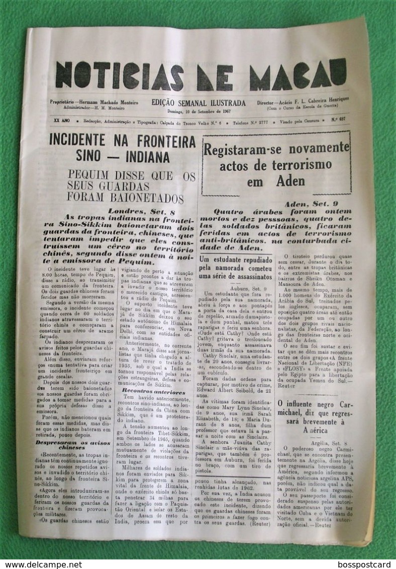 Macau - Jornal Notícias De Macau Nº 697, 10 De Setembro De 1967 - Imprensa - Macao  Portugal - China - Informations Générales