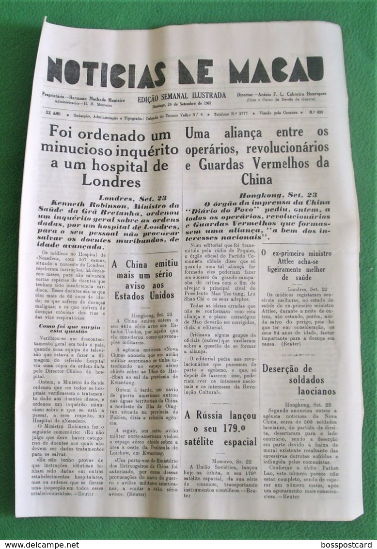 Macau - Jornal Notícias De Macau Nº 699, 24 De Setembro De 1967 - Imprensa - Macao - Portugal China - Informations Générales