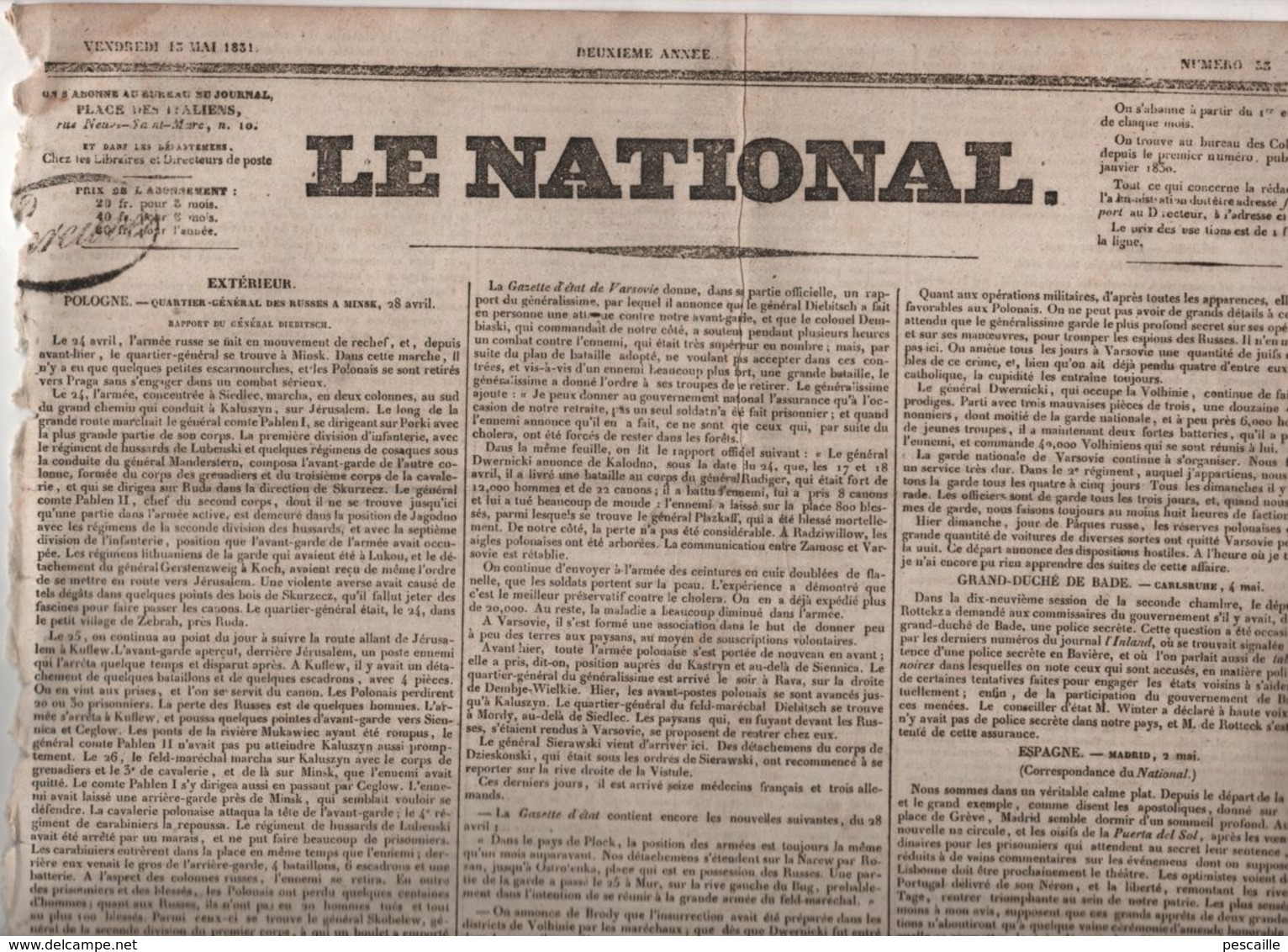 LE NATIONAL 13 05 1831 - POLOGNE - FAENZA - MADRID - SUISSE - BELGIQUE - PONT-L'EVEQUE - LACORDAIRE ECOLE - DECORATIONS - 1800 - 1849