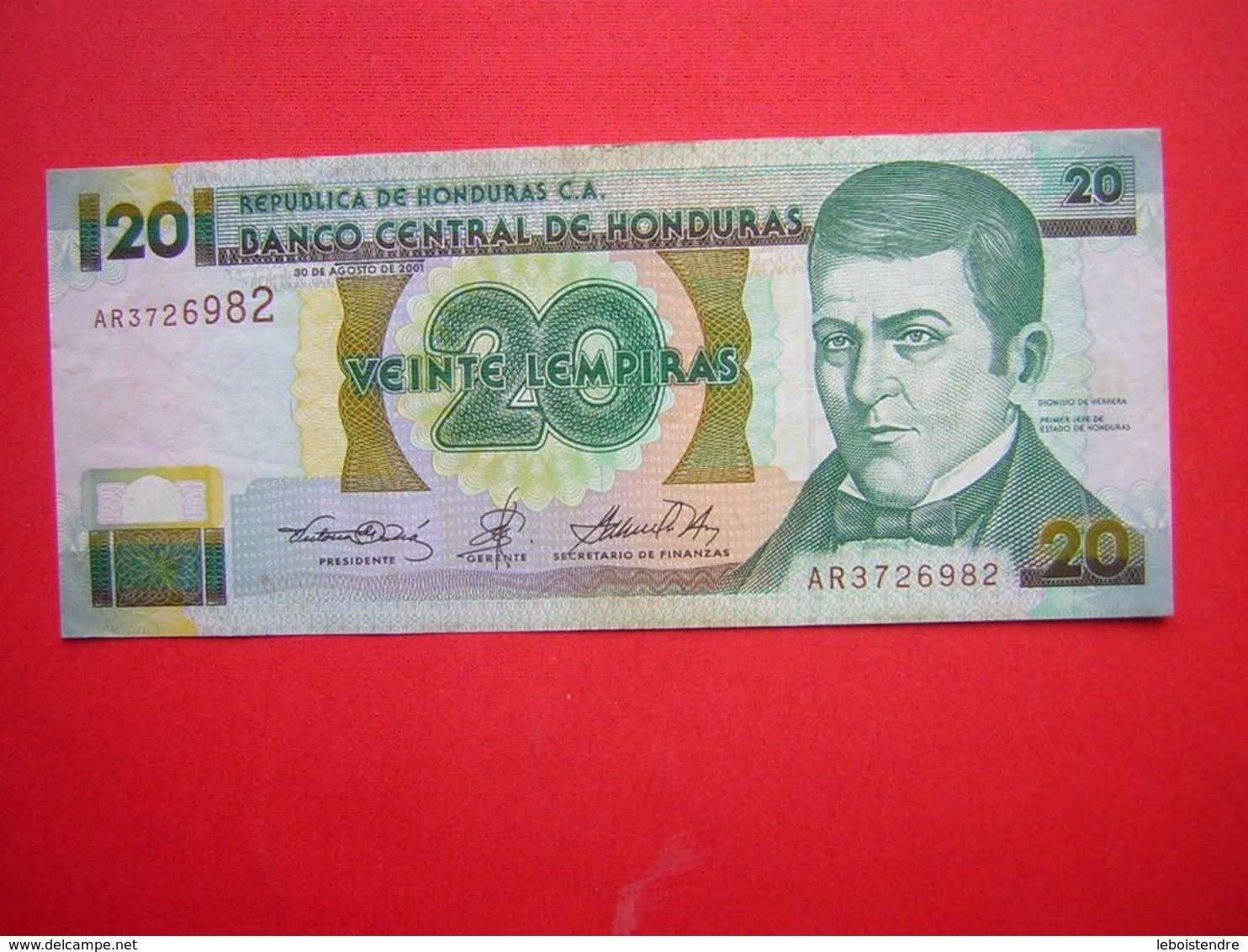 1 BILLET  BANCO CENTRAL DE HONDURAS 20 VEINTE LEMPIRA   30 DE AGOSTO DE 2001 - Honduras