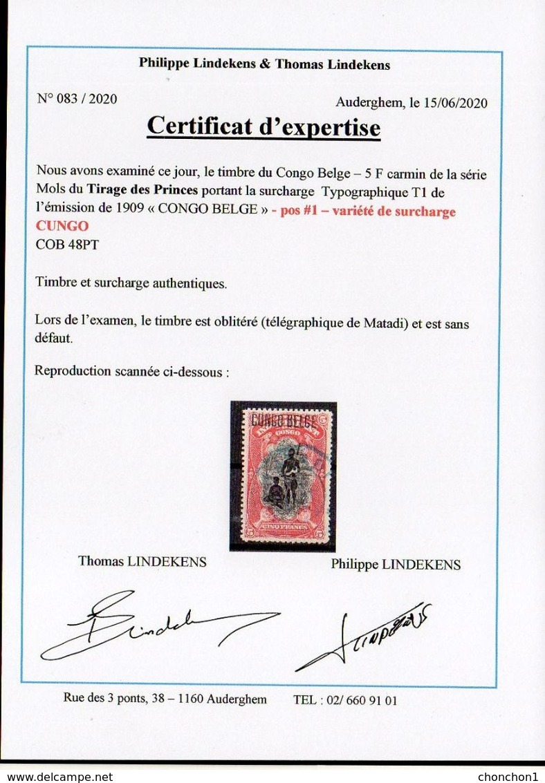 CONGO - COB 48PT - PRINCES - POS #1 - Variété CUNGO - RRR - CERTIFICAT - KA09 - Usati