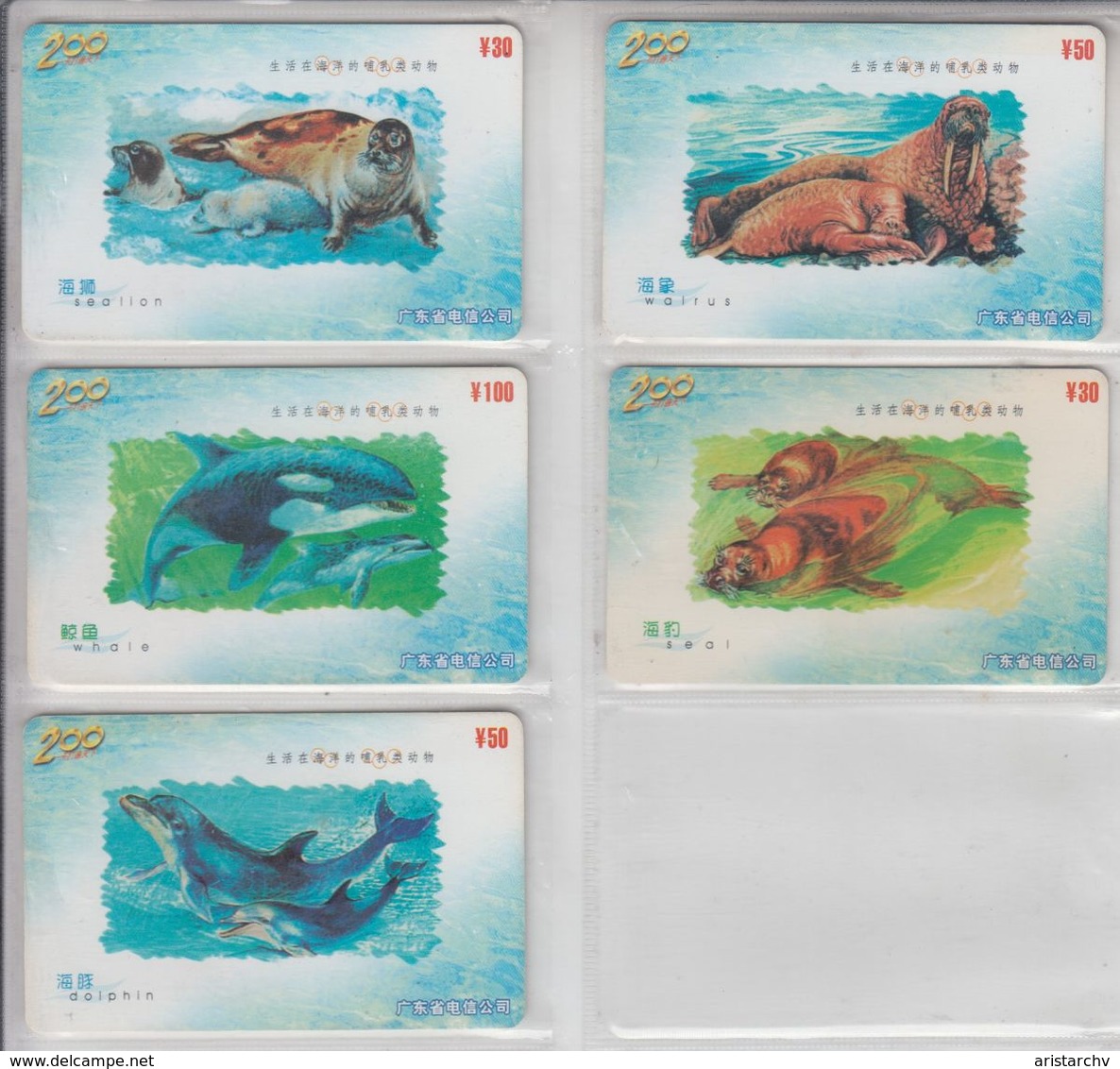 CHINA 2003 SEA LION WALRUS SEAL KILLING WHALE DOLPHIN SET OF 5 CARDS - Dolphins