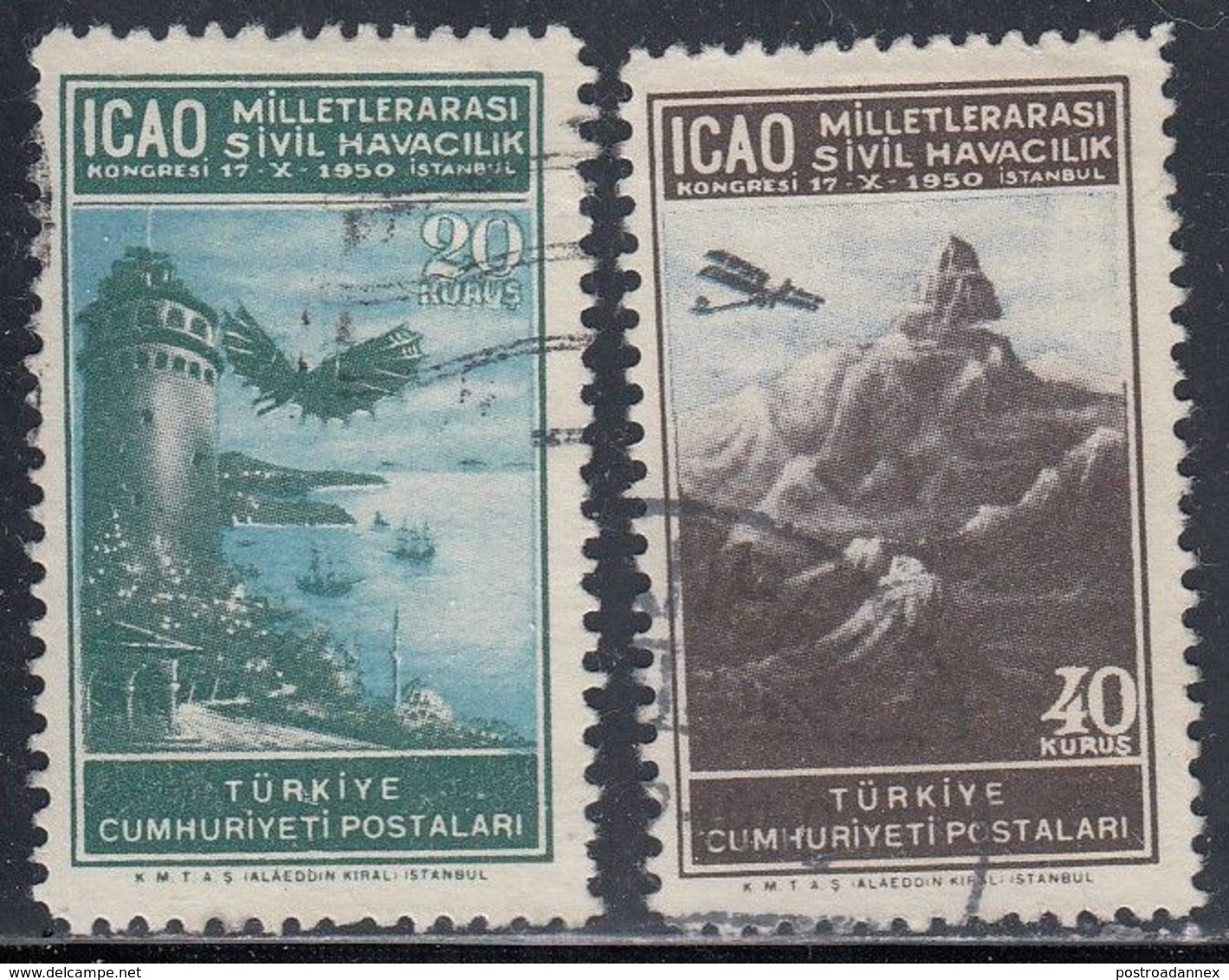 Turkey, Scott #1034-1035, Used, Flight Of Hezarfen Ahmet Celebi, Plane Over Taurus Mountains, Issued 1950 - Gebruikt