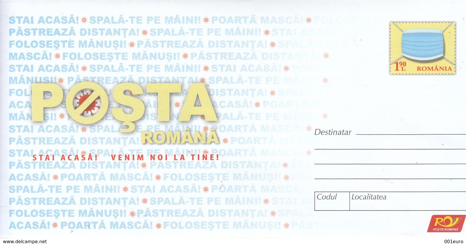 ROMANIA 2020: COVID-19 "STAY HOME- WE WILL COME TO YOU!" Unused Prepaid Cover - Registered Shipping! Envoi Enregistre! - Malattie