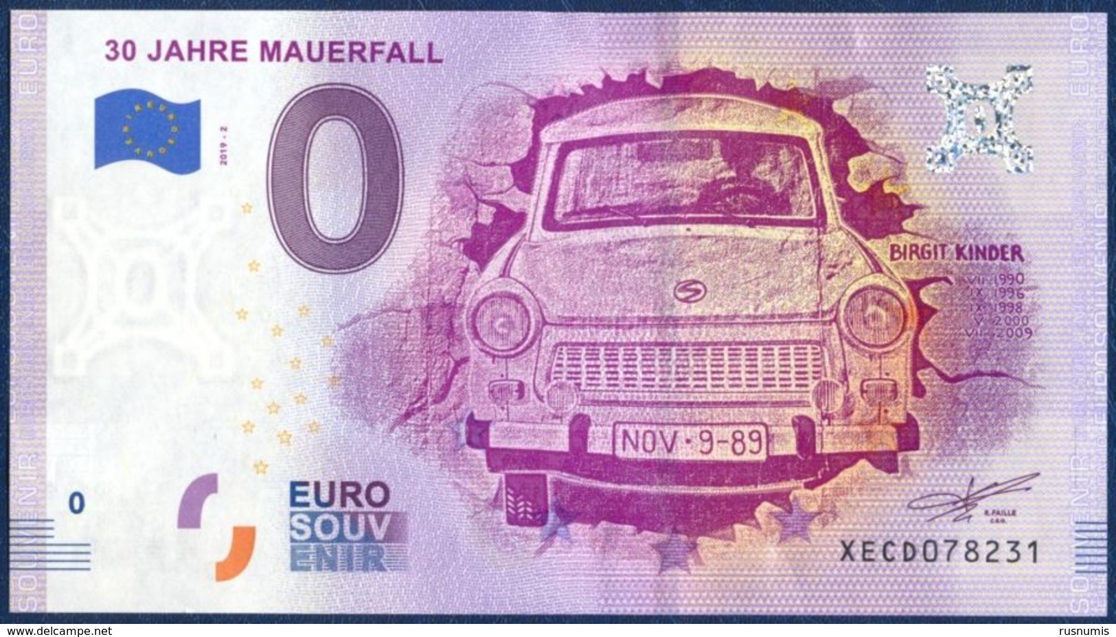 ZERO 0 EURO SOUVENIR 30th ANNIVERSARY FALL OF BERLIN WALL MAUERFALL GERMANY 2019 UNC - Privatentwürfe