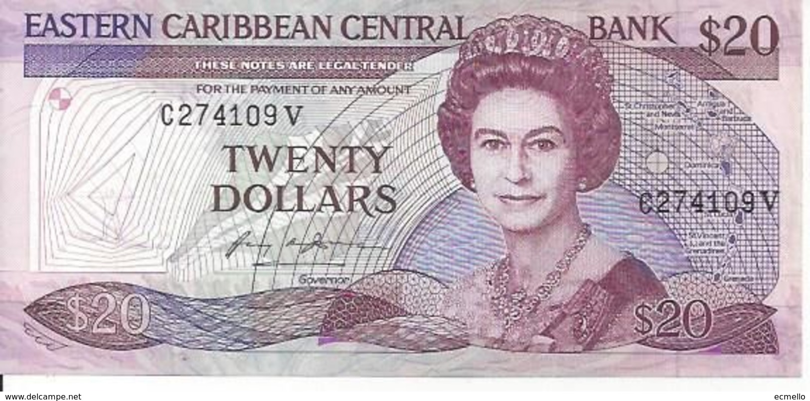 EAST CARIBBEAN ST. KITTS P19V 20 DOLLARS 1987 VF QUEEN - East Carribeans