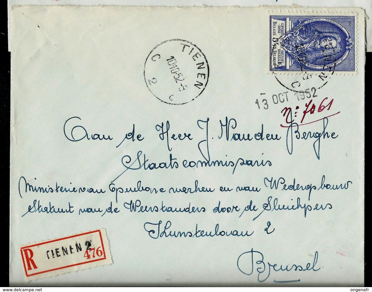 Doc. De TIENEN - C 2 C - Du 10/10/52 (UPU) En Rec. - Poste Rurale