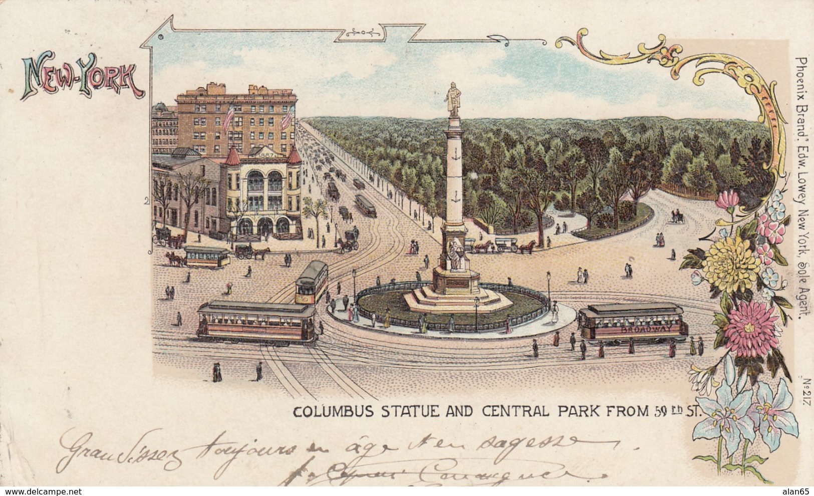 New York City, Columbus Statue & Central Park From 59th Street 1900s Vintage Postcard - Parks & Gardens