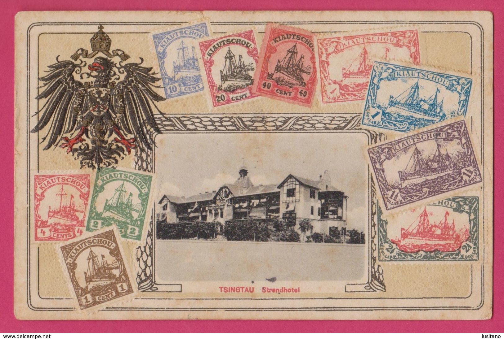 Tsingtau China, Strendhotel, Kiautschou Embossed Stamps Card , Carte Relief Chine 1913 - Chine