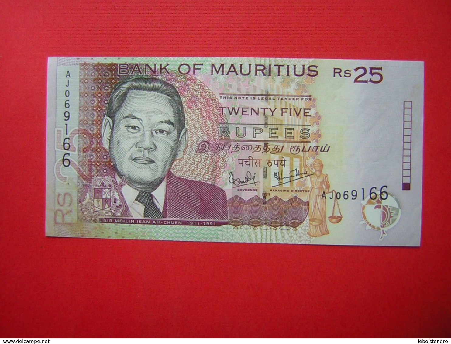 1 BILLET BANK OF MAURITIUS  RS 25  TWENTY FIVE   1999 - Mauricio