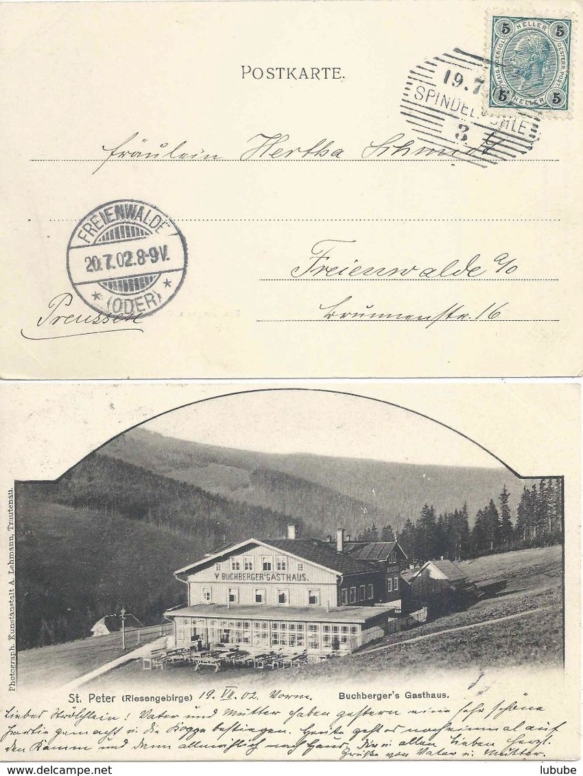 AK  "St.Peter Riesengebirge - Buchberger's Gasthaus"  Spindelmühle         1902 - Covers & Documents