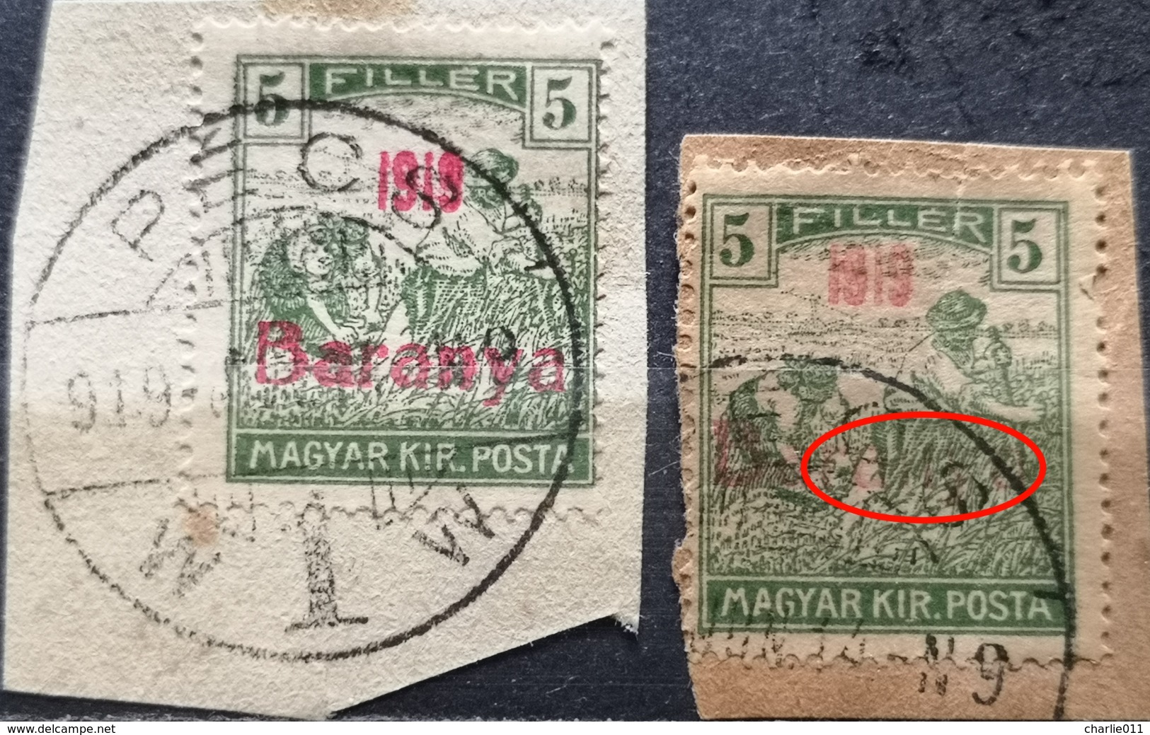 HARVESTERS-5 FIL-HALF VISIBLE OVERPRINT BARANYA 1919- ERROR  - YUGOSLAVIA - HUNGARY - 1919 - Baranya