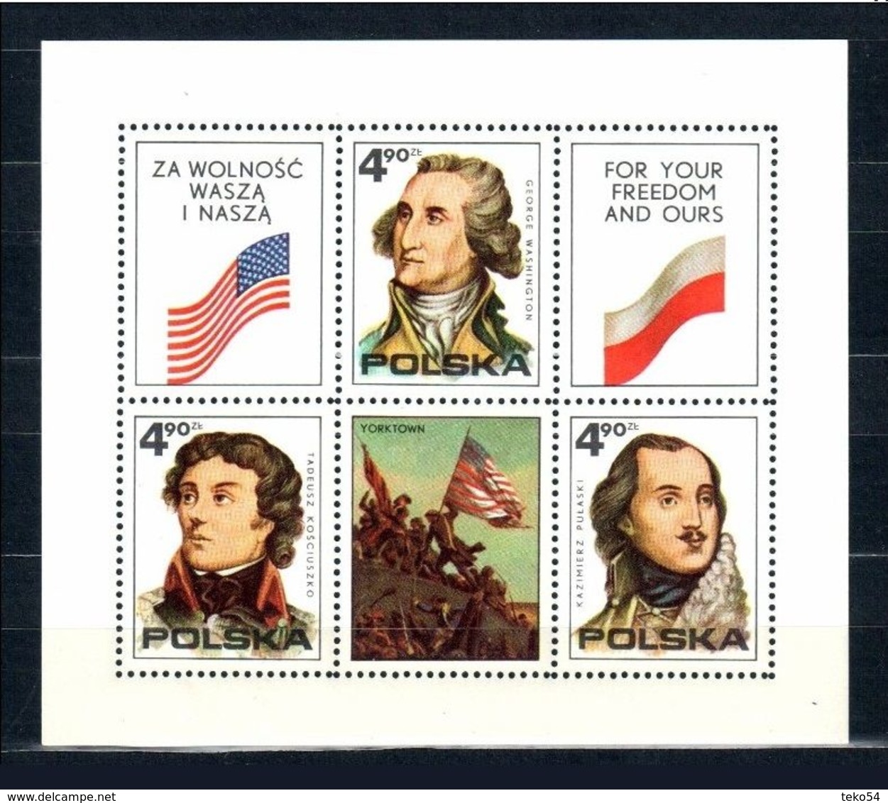 1975 Poland Polen: Block Mi. B63, Yv.B69 , ** MNH, 200 Jahre Unabhängigkeit USA, Kosciuszko,Washington, Pulaski  S. Scan - George Washington