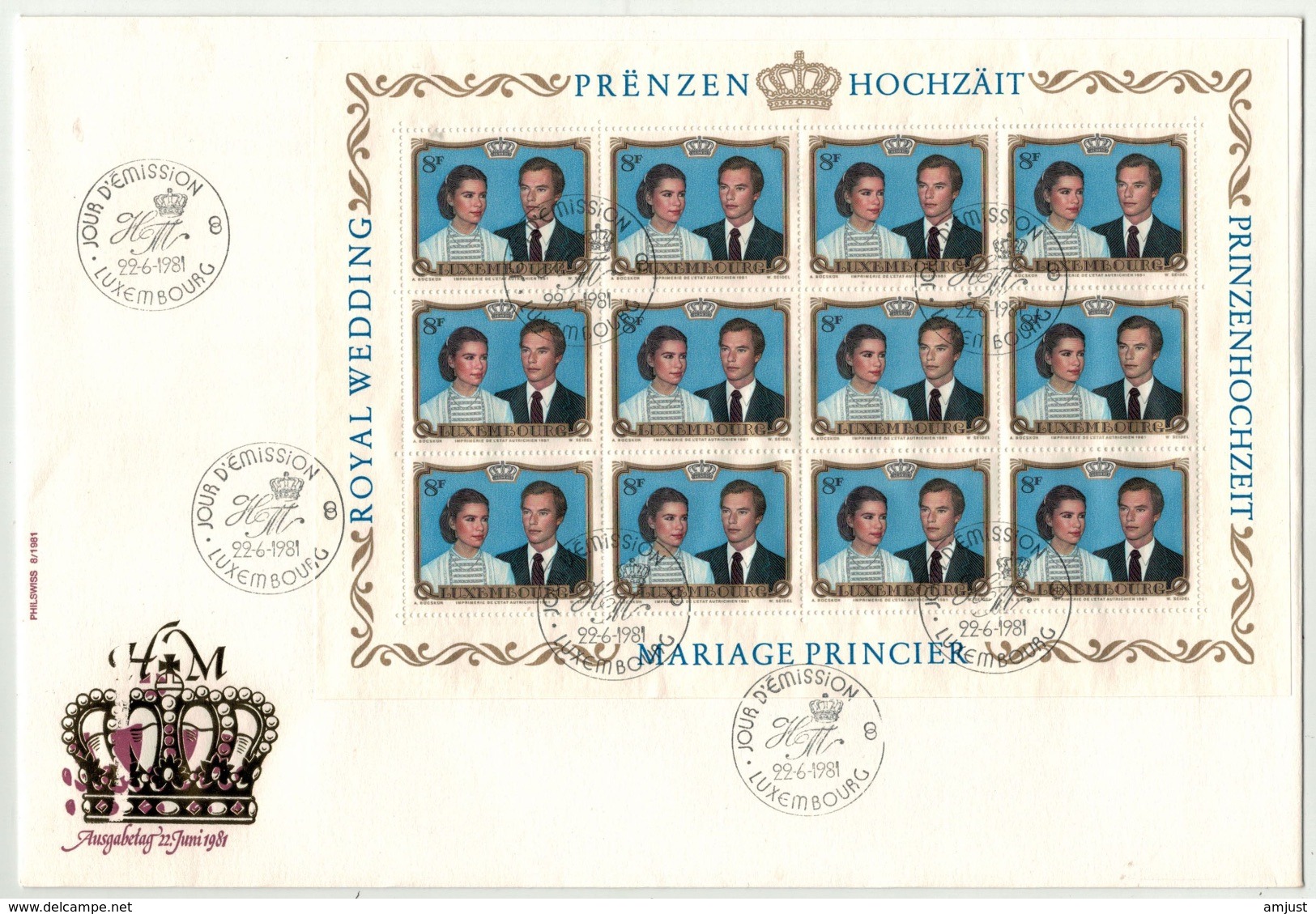 Luxembourg //  1981-1990 // Lettre Recommandée Mariage Princier En Feuillet De 12 Timbres - Storia Postale