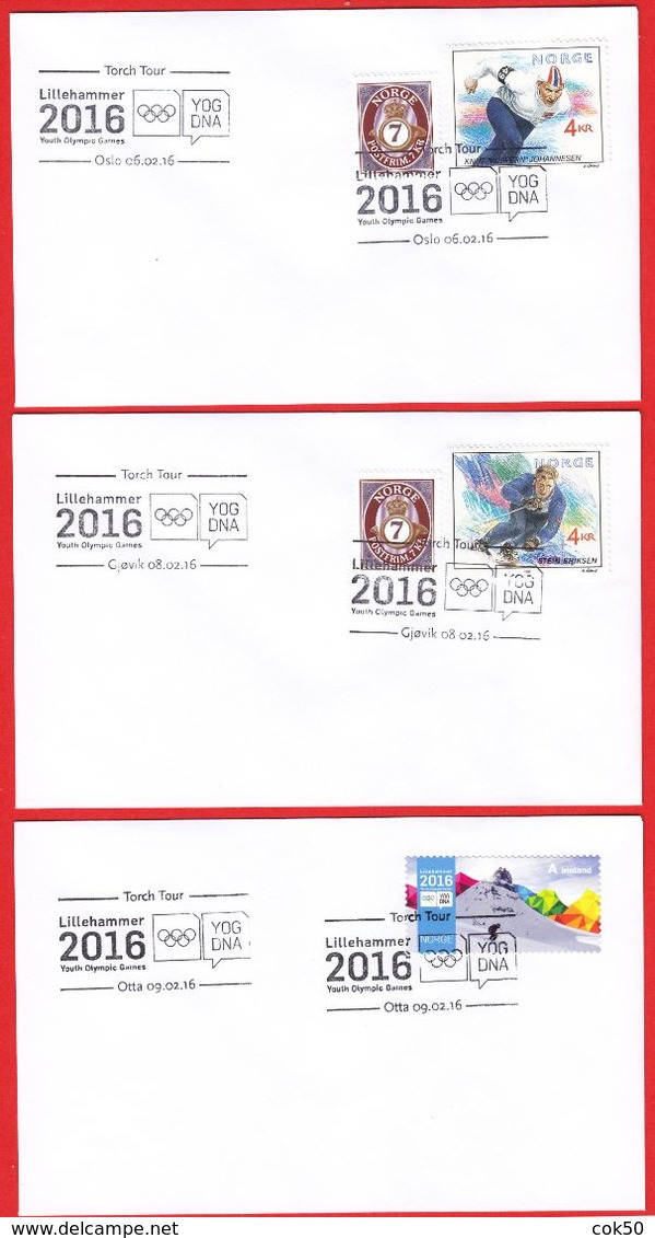 NORWAY - Lillehammer 2016 «Winter Youth Olympics - Torch Tour, compl. all postmarks» (read more below - study 22 scans)