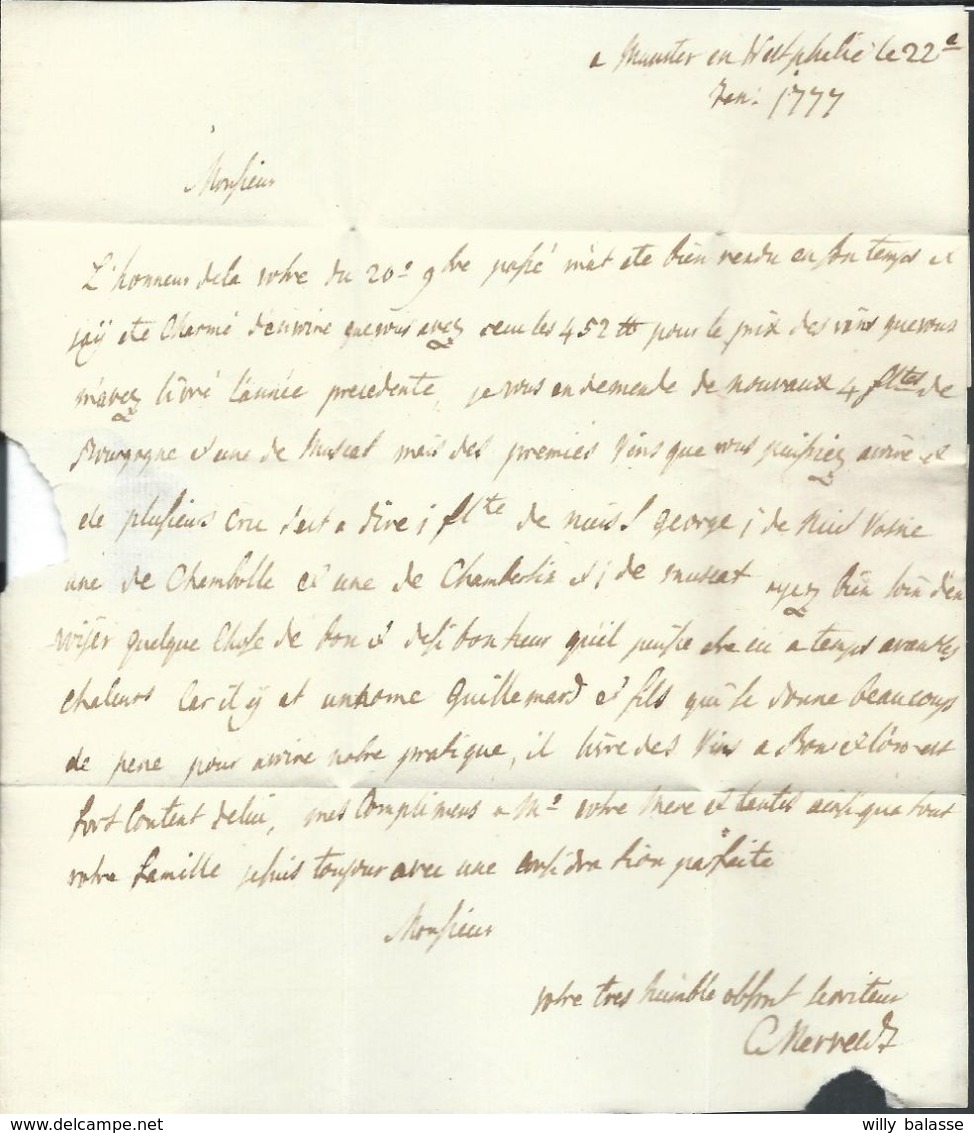L Datée De Munster 1777 + Manuscrit "Fco Liege" + "20" Pour Dijon. - 1714-1794 (Paises Bajos Austriacos)