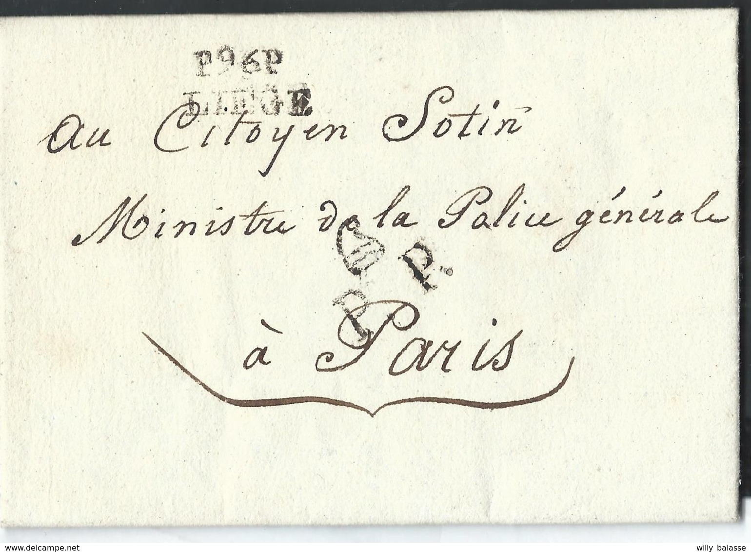 L An 6 Marques P96P/LIEGE (20X10mm) Pour Paris + Rappel PP Avec Bonnet Phrygien (texte Intéressant) - 1794-1814 (Période Française)