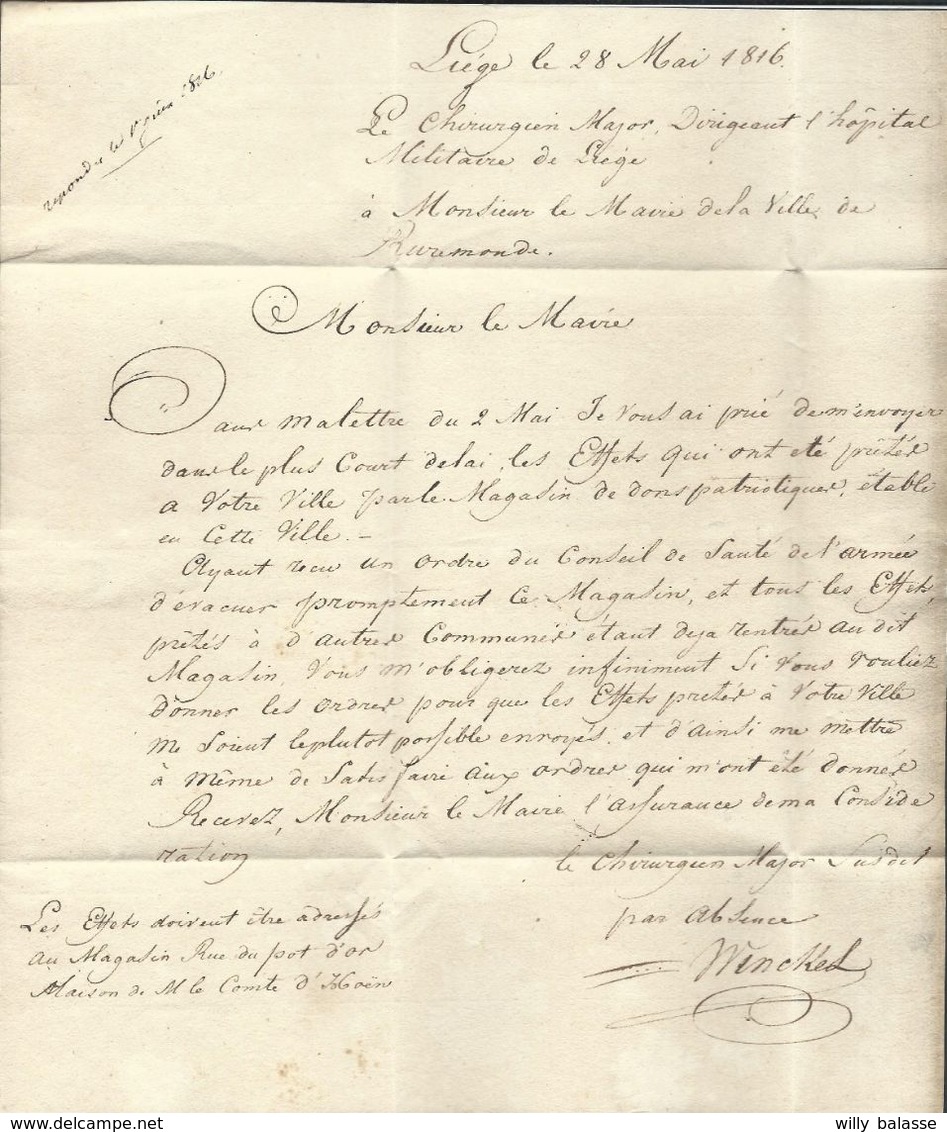 L  1816 Marque LUYK En Franchise Du Chirurgien De L'Hôpital Militaire De Liège Pour Rurmonde (port Barré Car Franchise) - 1815-1830 (Hollandse Tijd)