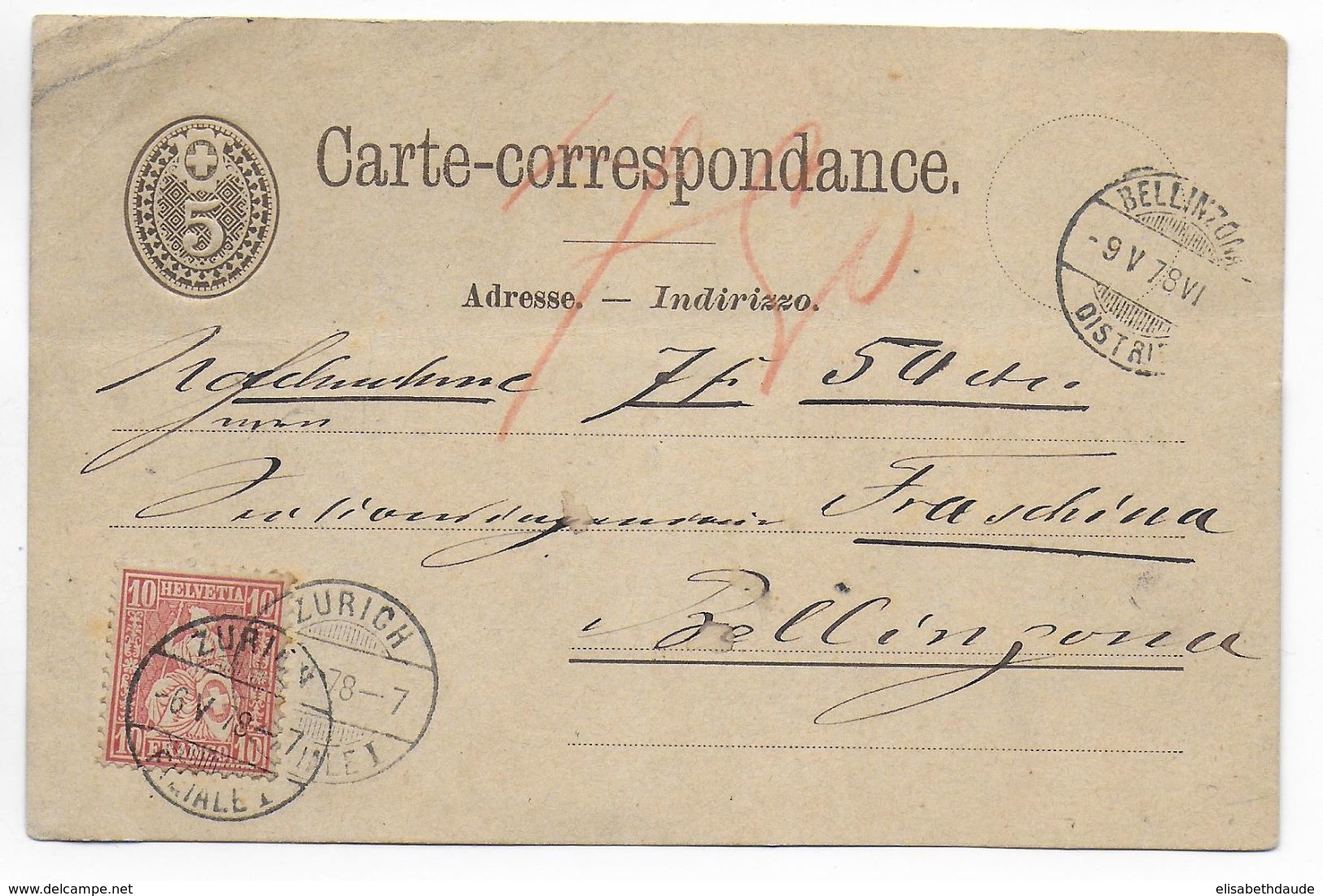 1878 - SUISSE - CARTE ENTIER De ZÜRICH Avec COMPLEMENT Pour CONTRE-REMBOURSEMENT TAXE 7F50 => BELLINZONA - Storia Postale