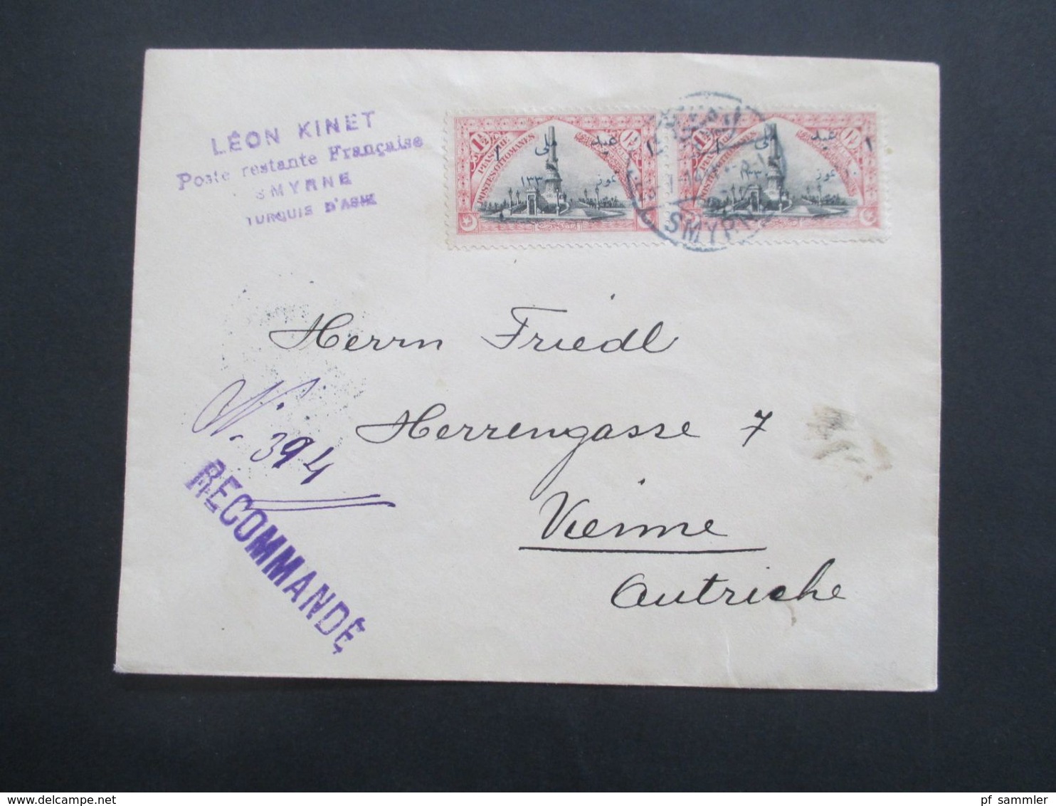 Türkei 1914 Nr.251 MeF Poste Restante Francaise Smyrne Einschreiben / Recommande Nach Wien Französische Besetzung Türkei - 1837-1914 Smyrna