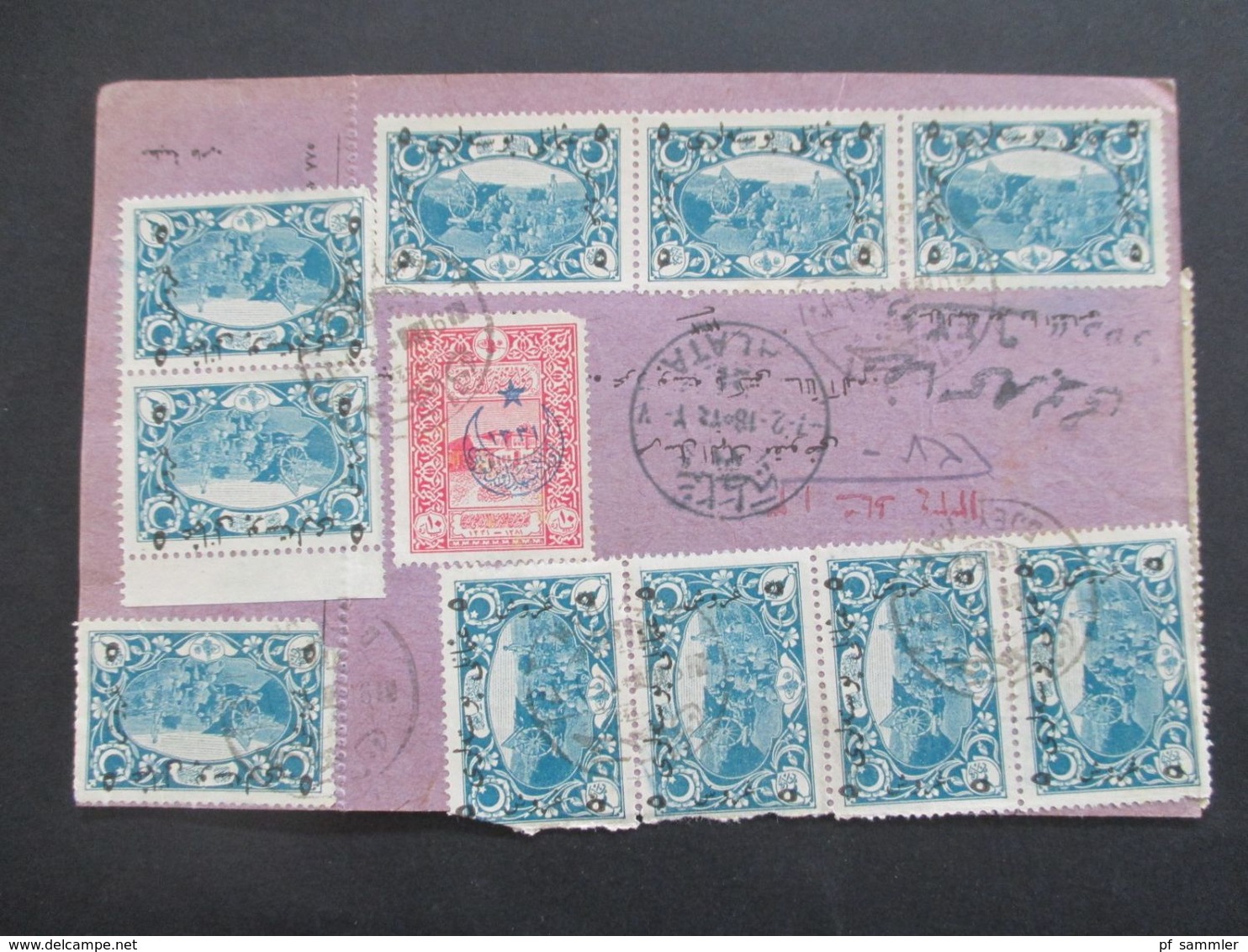 Türkei 1918 Paketkarte Mit Nr. 627 (17) Auch 4er Block Und Senkr. 4er Streifen MiF Mit Nr. 379 - Covers & Documents