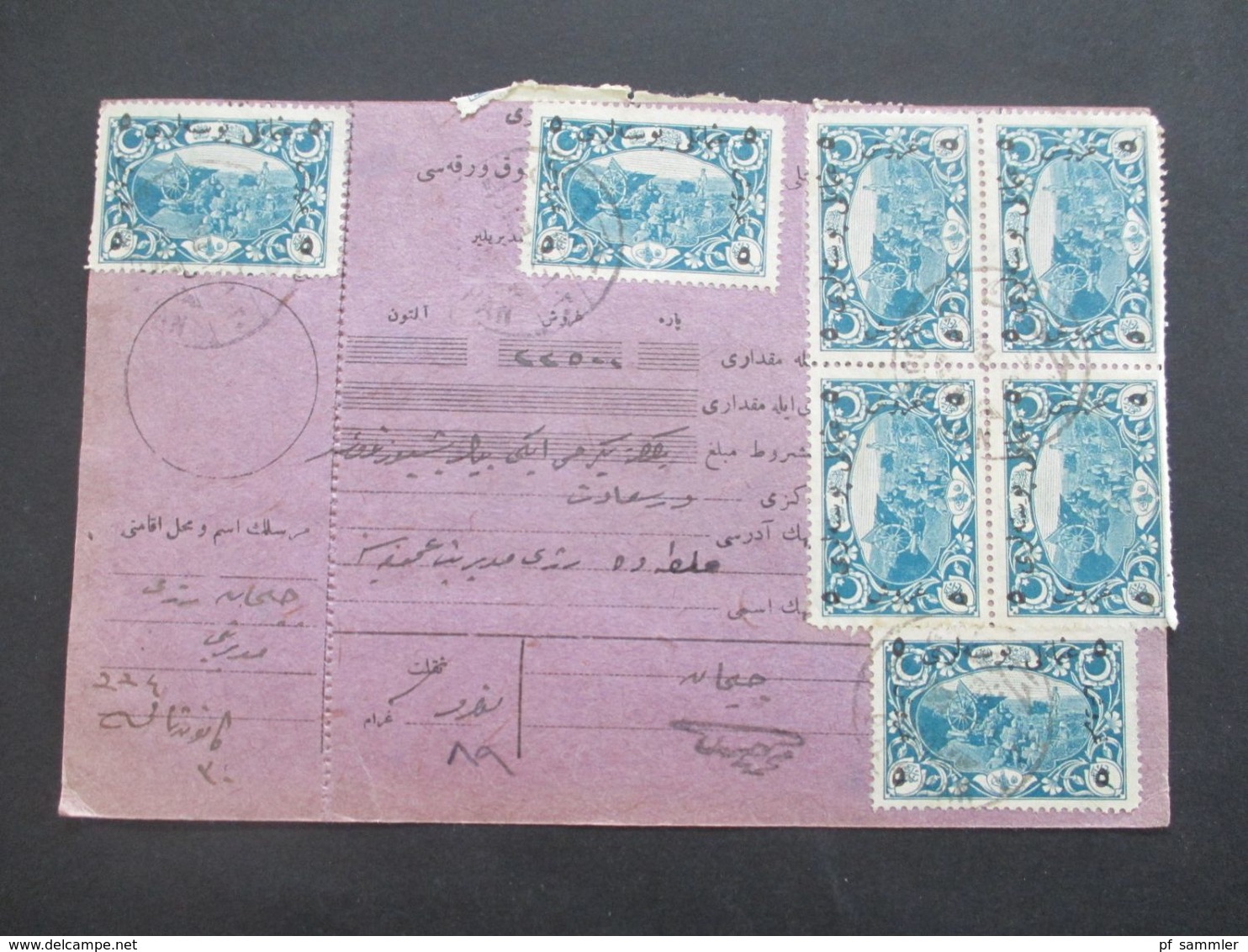 Türkei 1918 Paketkarte mit Nr. 627 (17) auch 4er Block und senkr. 4er Streifen MiF mit Nr. 379