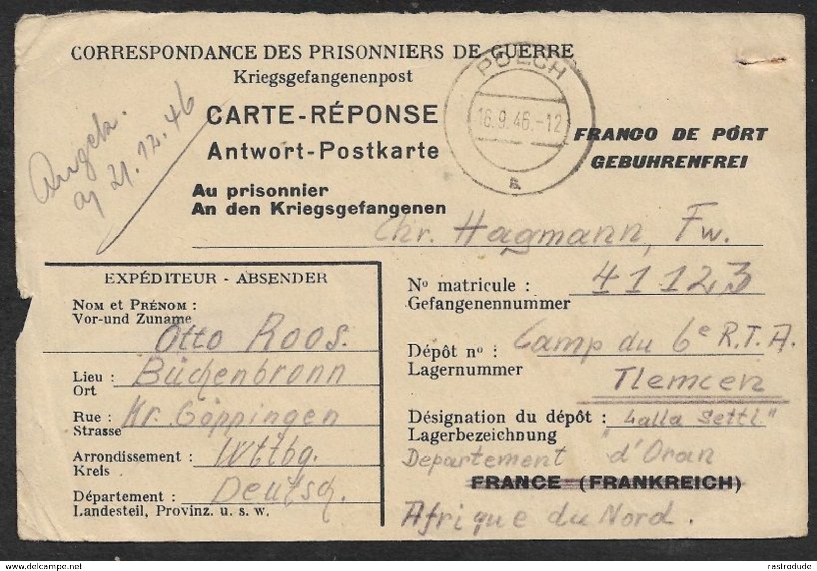 1946 16.9 CARTE RÉPONSE PRISONNIERS DE GUERRE - KRIEGSGEFANGENENPOST - POECH A DÉPOT / LAGER HALLA SETTI, ALGERIE - POW - Covers & Documents