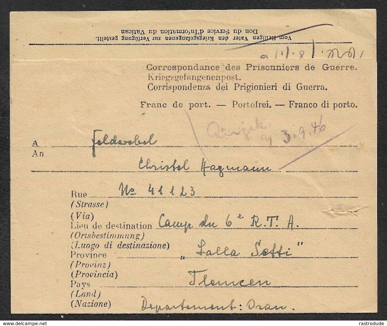 1946 PRISONNIERS DE GUERRE - KRIEGSGEFANGENENPOST - LAGHOUAT,  DÉPOT / LAGER ALMA IV, ALGERIE A TIEMCEN, CAMP D.6iem R.T - Lettres & Documents