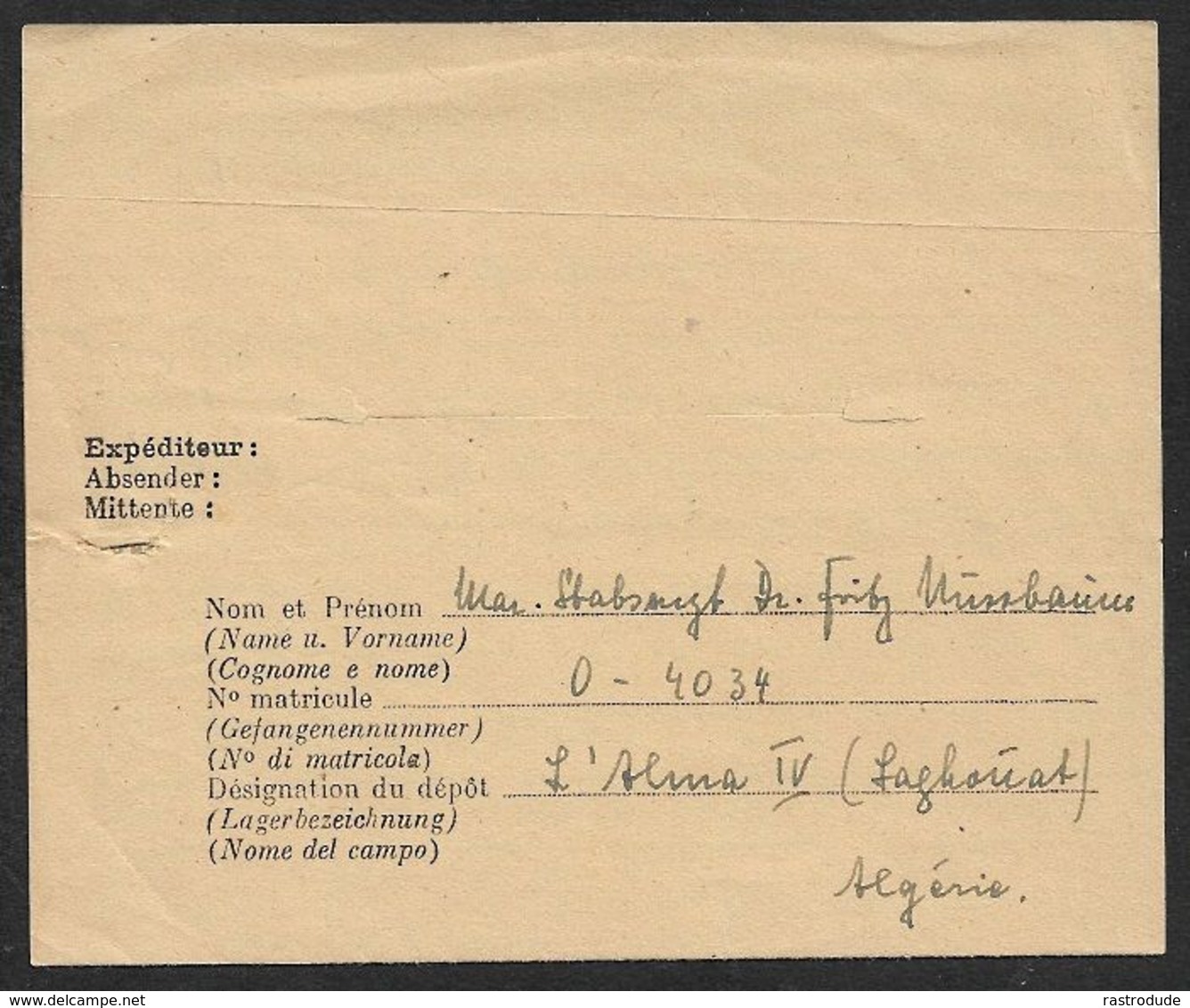 1946 PRISONNIERS DE GUERRE - KRIEGSGEFANGENENPOST - LAGHOUAT,  DÉPOT / LAGER ALMA IV, ALGERIE A TIEMCEN, CAMP D.6iem R.T - Cartas & Documentos