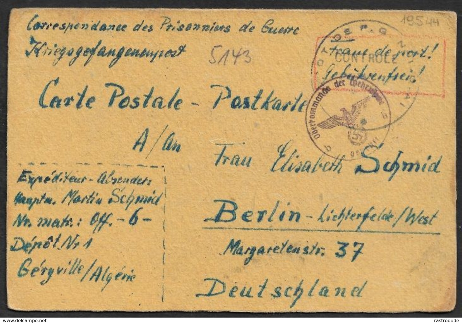 1944 PRISONNIERS DE GUERRE - KRIEGSGEFANGENENPOST - GÉRYVILLE,  DÉPOT / LAGER Nr.1, ALGERIE A BERLIN - CENSURE Et DÉPOT - Brieven En Documenten
